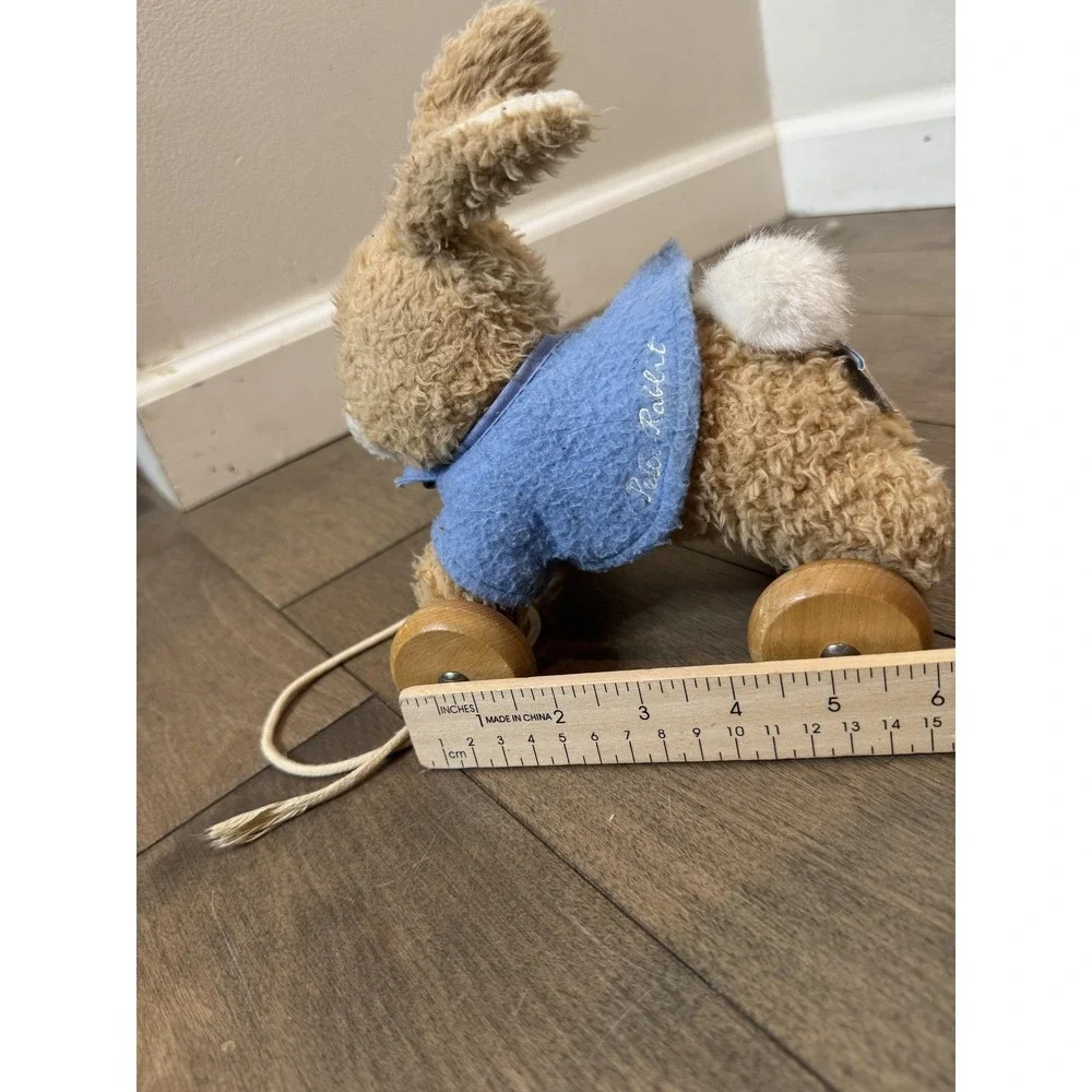 Vintage Eden Peter Rabbit Plush Pull Toy Bunny Wooden‎ Wheels Small Blue Coat